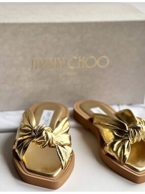 Jimmy Choo Metallic Gold Knot Slide Sandals for Women